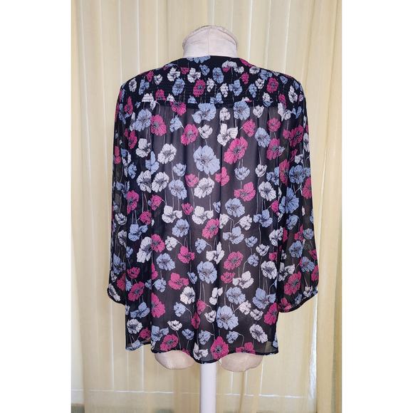 Ann Taylor Blouse Women’s Large Sheer Navy & Pink Floral Design - Picture 2 of 5